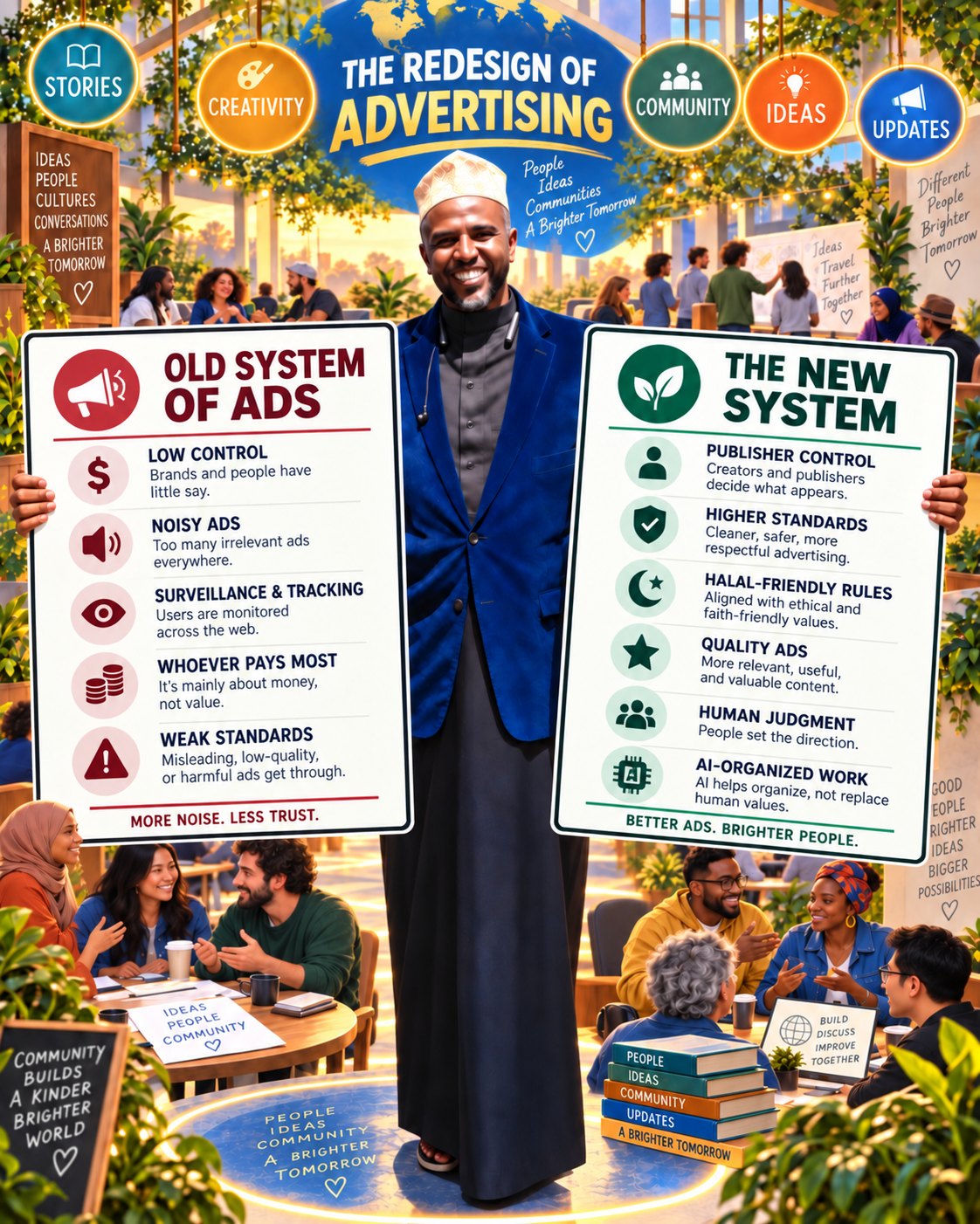 A tall illustrated poster headed THE REDESIGN OF ADVERTISING, above the words people, ideas, communities, a brighter tomorrow. Round badges across the top read STORIES, CREATIVITY, COMMUNITY, IDEAS and UPDATES. At the centre a smiling bearded man in an embroidered cap and a deep blue velvet jacket stands holding up two large signs. The left, in red, reads OLD SYSTEM OF ADS and lists LOW CONTROL — brands and people have little say; NOISY ADS — too many irrelevant ads everywhere; SURVEILLANCE AND TRACKING — users are monitored across the web; WHOEVER PAYS MOST — it's mainly about money, not value; WEAK STANDARDS — misleading, low-quality or harmful ads get through. At its foot: MORE NOISE. LESS TRUST. The right, in green, reads THE NEW SYSTEM and lists PUBLISHER CONTROL — creators and publishers decide what appears; HIGHER STANDARDS — cleaner, safer, more respectful advertising; HALAL-FRIENDLY RULES — aligned with ethical and faith-friendly values; QUALITY ADS — more relevant, useful and valuable content; HUMAN JUDGMENT — people set the direction; AI-ORGANIZED WORK — AI helps organize, not replace human values. At its foot: BETTER ADS. BRIGHTER PEOPLE. Around and below, people of many ages and backgrounds sit at round tables talking over coffee cups, notebooks and stacks of books labelled PEOPLE, IDEAS, COMMUNITY, UPDATES, A BRIGHTER TOMORROW. Handwritten signs read community builds a kinder brighter world; build, discuss, improve together; good people, brighter ideas, bigger possibilities.