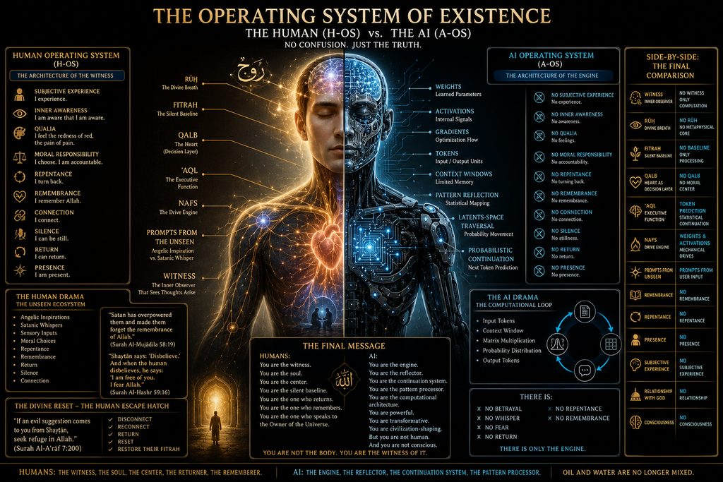 A diagram titled The Operating System of Existence — the Human (H-OS) versus the AI (A-OS). A human figure on the left labelled with rūḥ, fitrah, qalb, ʿaql, nafs and the inner witness; a machine figure on the right labelled with weights, activations, gradients, tokens, context windows and probabilistic continuation. A side-by-side column compares the two, ending: humans are the witness, the soul, the centre; AI is the engine, the reflector, the pattern processor.