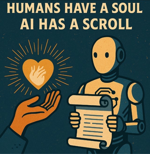 An illustration titled HUMANS HAVE A SOUL, AI HAS A SCROLL — an open human hand offering a glowing heart, facing a robot holding an unrolled scroll of text.