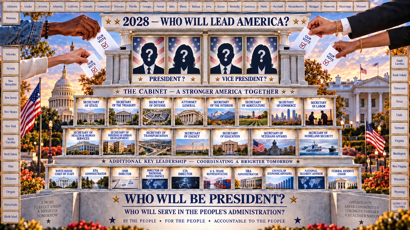 A national civic display showing equal male and female possibilities for President and Vice President, all Cabinet departments, major administration…