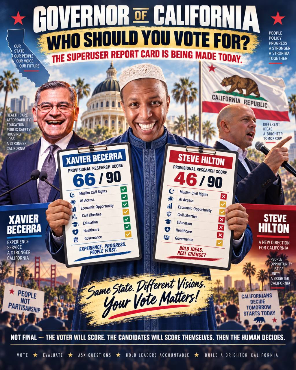 Governor of California voting report card comparing provisional research scores for Xavier Becerra and Steve Hilton, with a California voter holding both scorecards