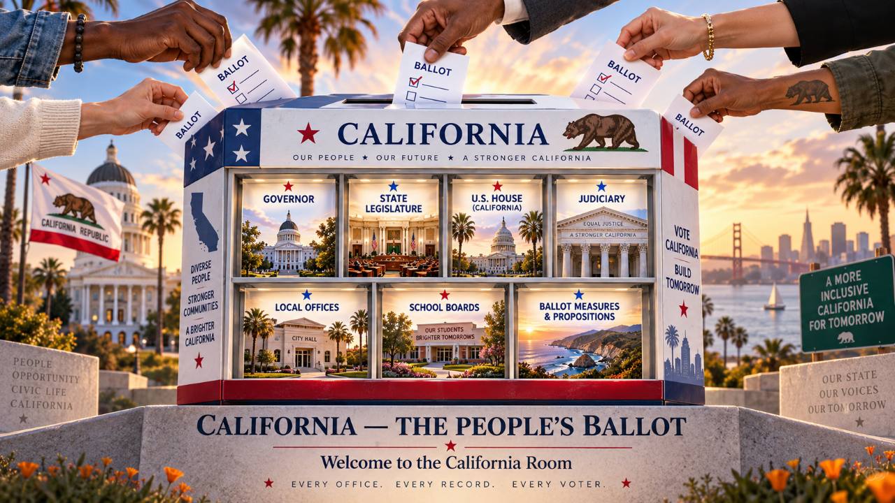 A diverse group of California voters place ballots into a civic display featuring the Governor, State Legislature, U.S. House, Judiciary, local…