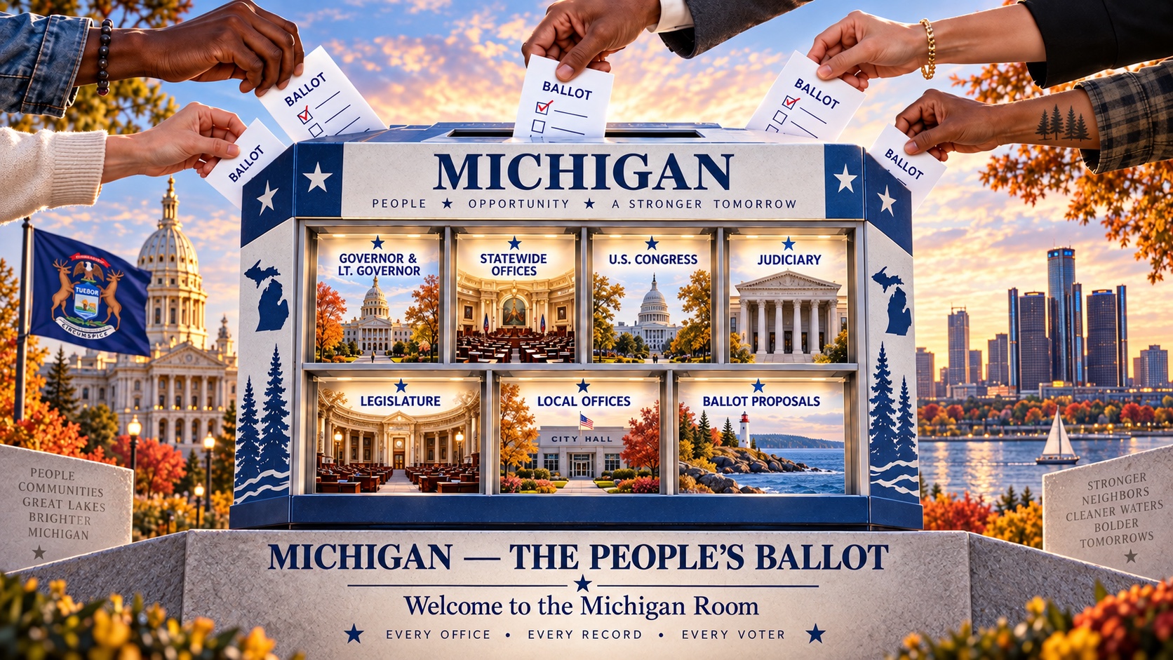 A diverse group of Michigan voters place ballots into a Great Lakes civic display featuring the Governor and Lieutenant Governor, statewide offices…