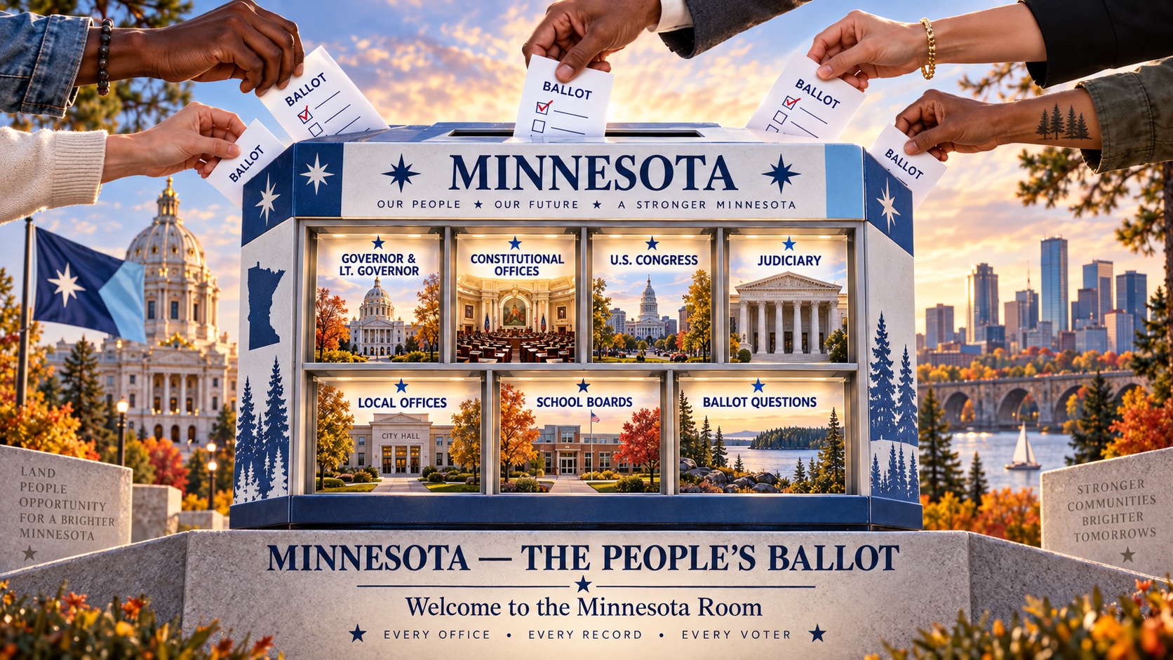 A diverse group of Minnesota voters place ballots into a North Star civic display featuring the Governor and Lieutenant Governor, constitutional…