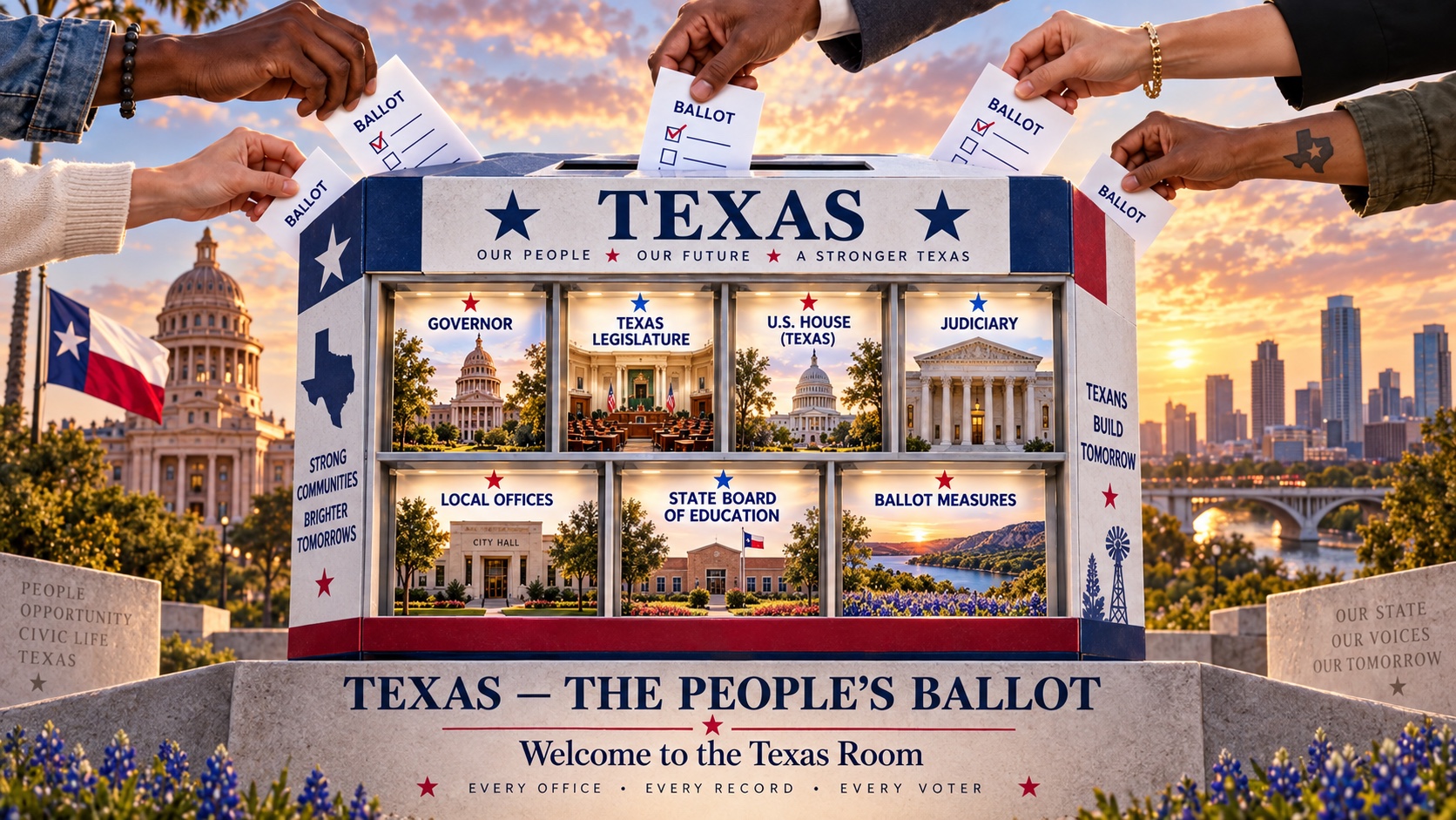 A diverse group of Texas voters place ballots into a Lone Star civic display featuring the Governor, Texas Legislature, U.S. House, Judiciary, local…