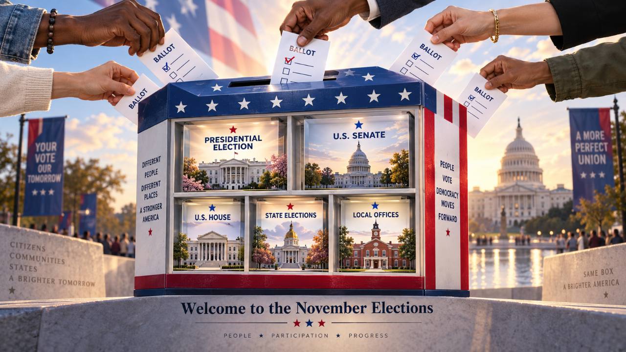 A diverse group of American voters place ballots into a patriotic election box representing the presidential election, U.S. Senate, U.S. House, state elections, and local offices, with the U.S. Capitol in the background and the words Welcome to the November Elections below.