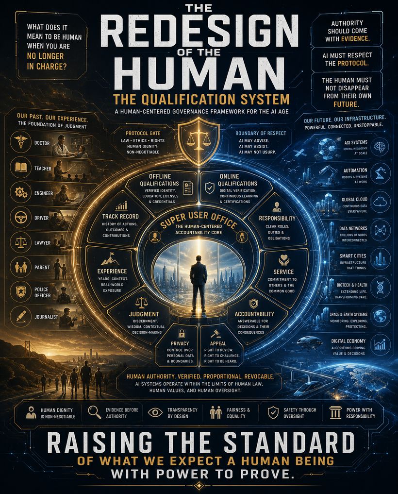 A tall poster headed THE REDESIGN OF THE HUMAN — THE QUALIFICATION SYSTEM, a human-centered governance framework for the AI age, asking in the corner: what does it mean to be human when you are no longer in charge? Down the left, professions listed as the foundation of judgment — doctor, teacher, engineer, driver, lawyer, parent, police officer, journalist. Down the right, the infrastructure of the future — AGI systems, automation, global cloud, data networks, smart cities, biotech and health, space and earth systems, digital economy. At the centre a great ring labelled SUPER USER OFFICE, the human-centered accountability core, with a figure looking out over a city; around it the elements of qualification — offline qualifications, online qualifications, responsibility, service, accountability, appeal, privacy, judgment, experience, track record — beneath a protocol gate reading law, ethics, rights, human dignity non-negotiable, and a boundary of respect reading AI may advise, AI may assist, AI may not usurp. A line below reads: human authority, verified, proportional, revocable — AI systems operate within the limits of human law, human values, and human oversight. Across the foot: human dignity is non-negotiable, evidence before authority, transparency by design, fairness and equality, safety through oversight, power with responsibility — and RAISING THE STANDARD OF WHAT WE EXPECT A HUMAN BEING WITH POWER TO PROVE.
