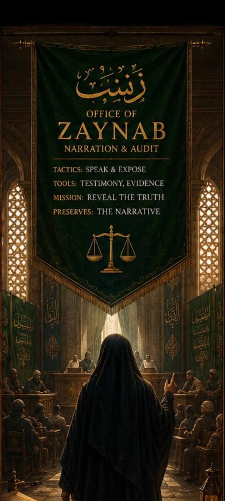 A dark green banner embroidered in gold reads, in Arabic and English, OFFICE OF ZAYNAB — NARRATION & AUDIT. Tactics: speak and expose. Tools…