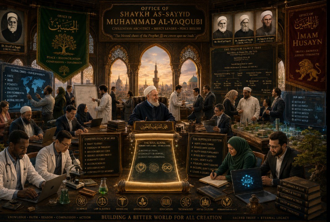 An illustrated scholar's office headed OFFICE OF SHAYKH AS-SAYYID MUHAMMAD AL-YAQOUBI — civilization architect, mercy leader, peace builder. Shaykh…
