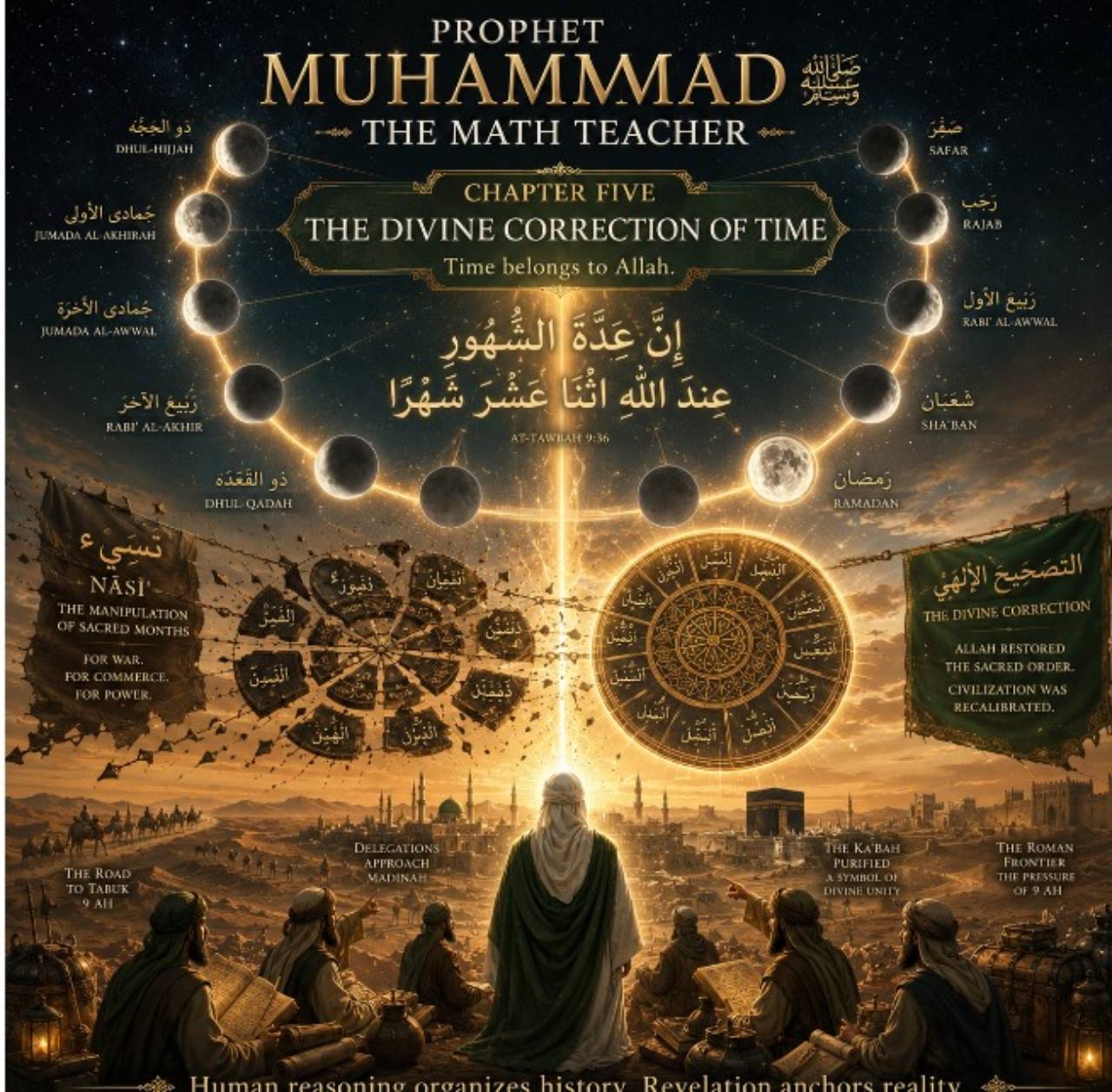 An illuminated composition titled “Prophet Muhammad ﷺ, The Math Teacher — Chapter Five: The Divine Correction of Time,” showing the lunar months…
