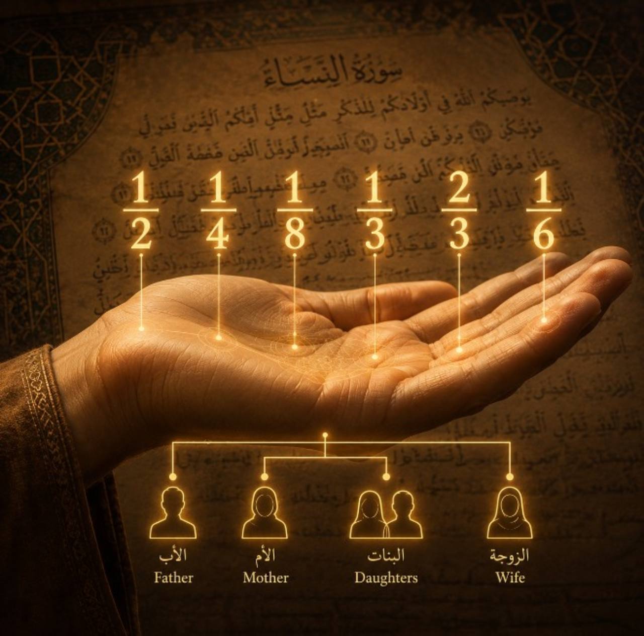 A glowing hand holds the inheritance fractions one-half, one-quarter, one-eighth, one-third, two-thirds, and one-sixth above an illuminated family…