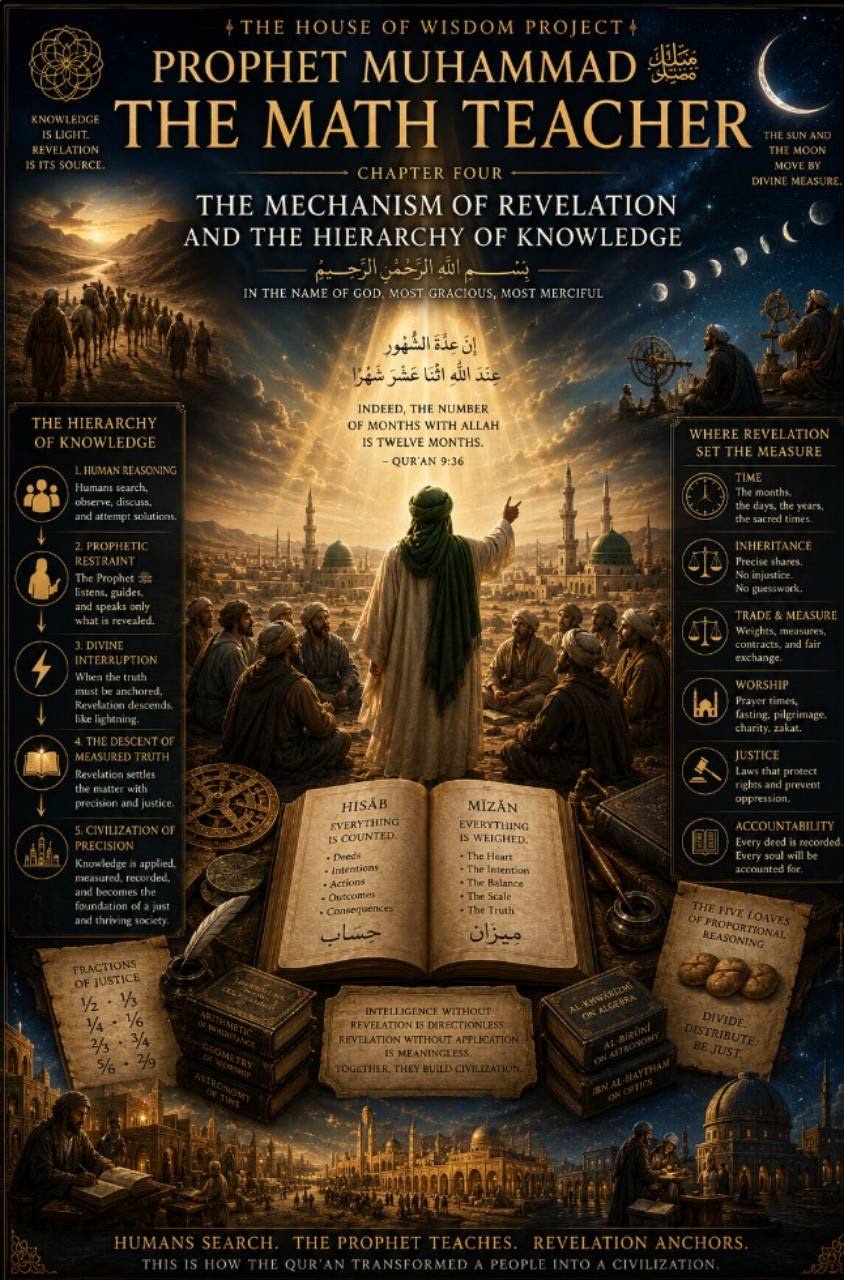 An illustrated House of Wisdom Project chapter cover titled “Prophet Muhammad ﷺ — The Math Teacher,” showing a teacher addressing companions in…