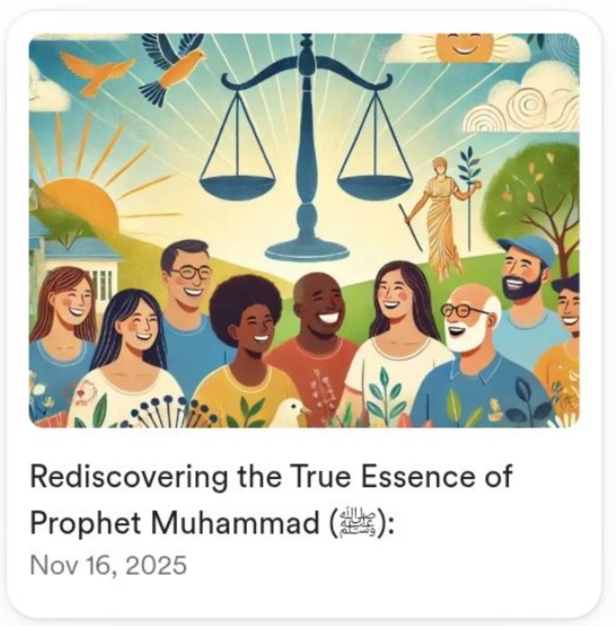 An illustrated group of people from different generations and backgrounds gathered beneath balanced scales, with sunlight, trees, birds, and a figure…