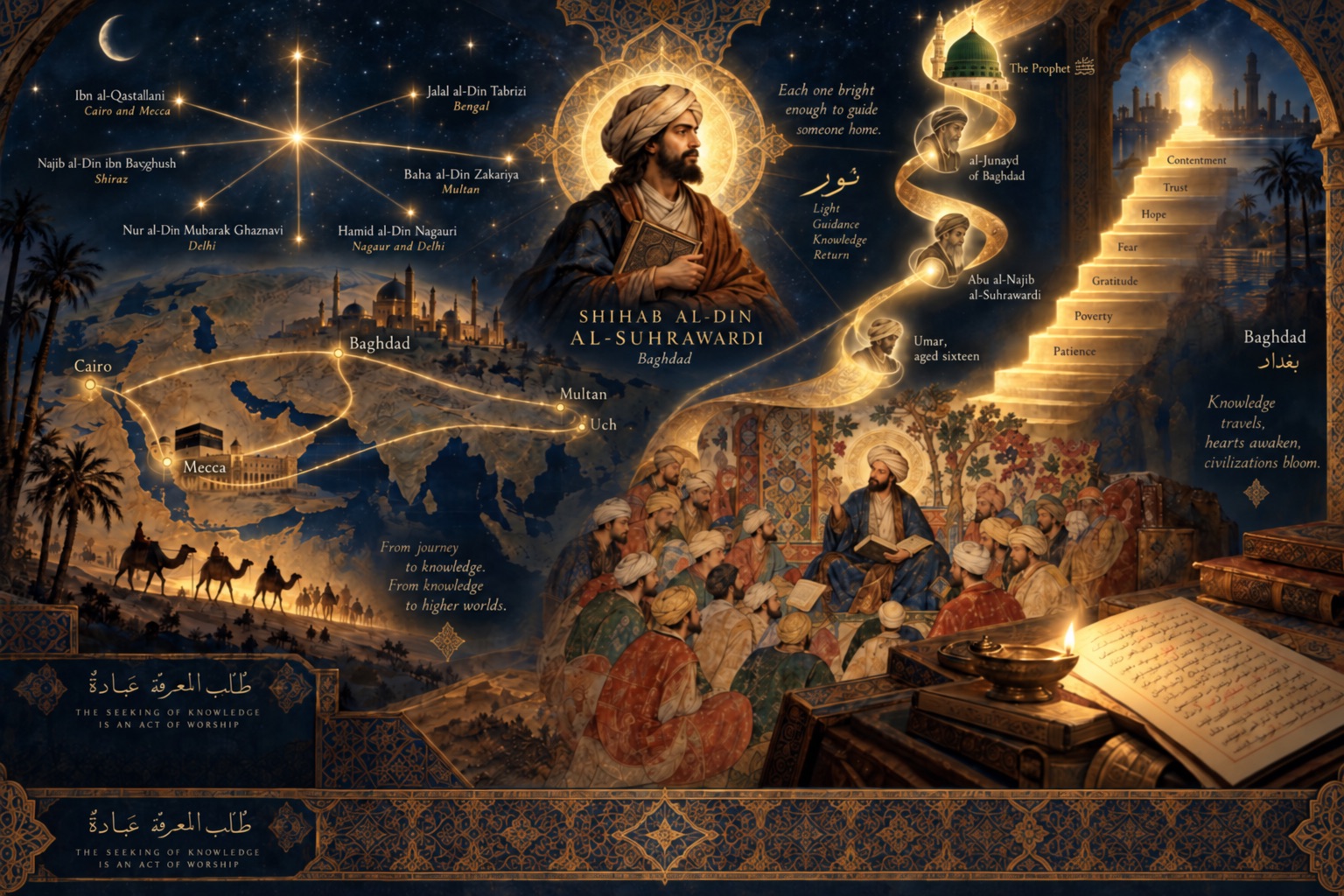 An illuminated Islamic historical composition centered on Shaykh Shihab al-Din al-Suhrawardi, with routes linking Mecca, Cairo, Baghdad, Multan and…