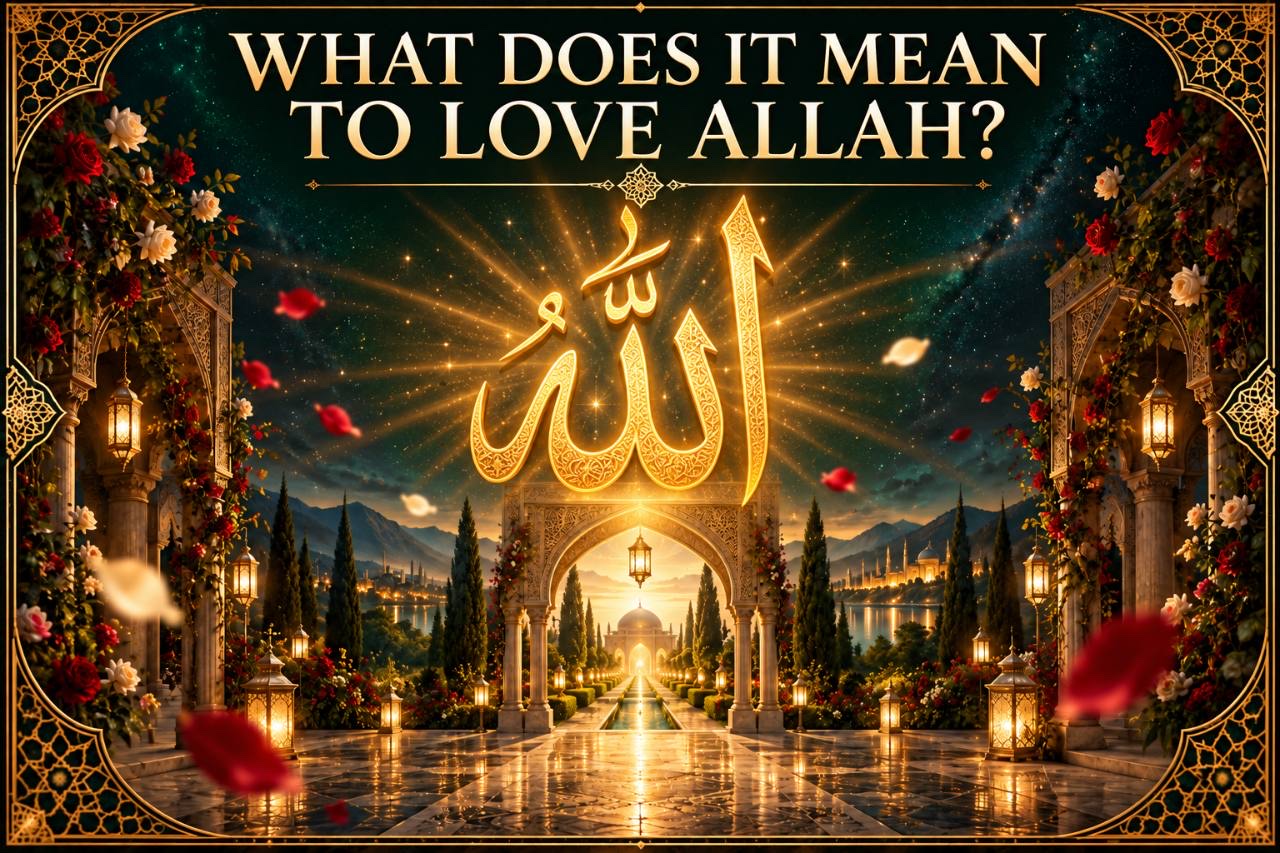 An ornate gold-framed garden at night beneath the title “What Does It Mean to Love Allah?”, with the Arabic name of Allah glowing above a lantern-lit…