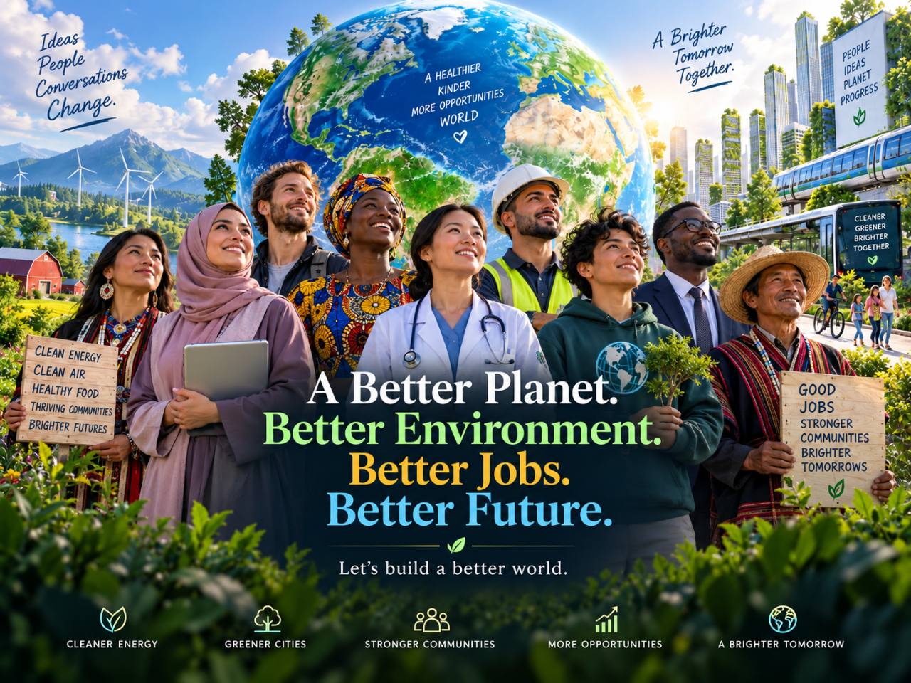 People from around the world standing together before a greener planet and future, with the words A Better Planet, Better Environment, Better Jobs, Better Future.