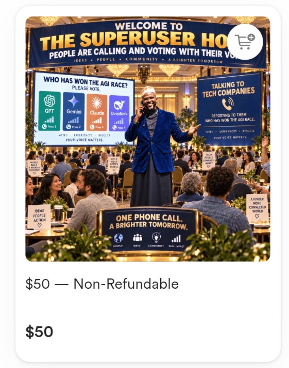 The $50 non-refundable Working People Plan, showing the Superuser Hotel and people participating in the future of AI.