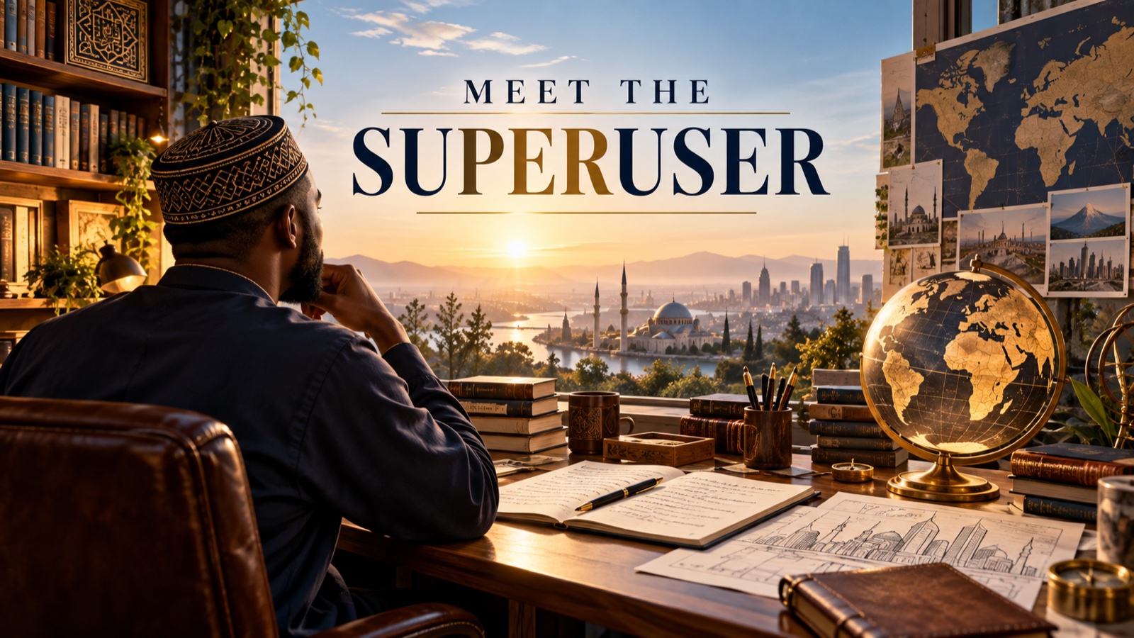A thoughtful man in a kufi sits at a desk filled with books, notes, and architectural sketches, looking toward a sunrise over a global city; above…