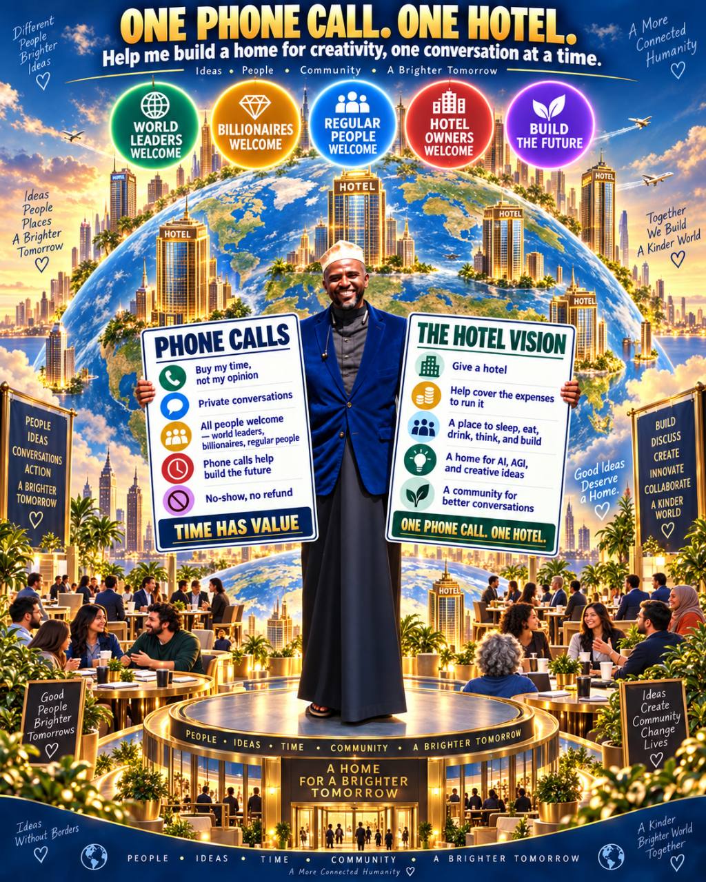 One Phone Call. One Hotel. The Superuser stands before a world of hotels and international community tables, holding signs welcoming phone calls and support for a global home for creativity.