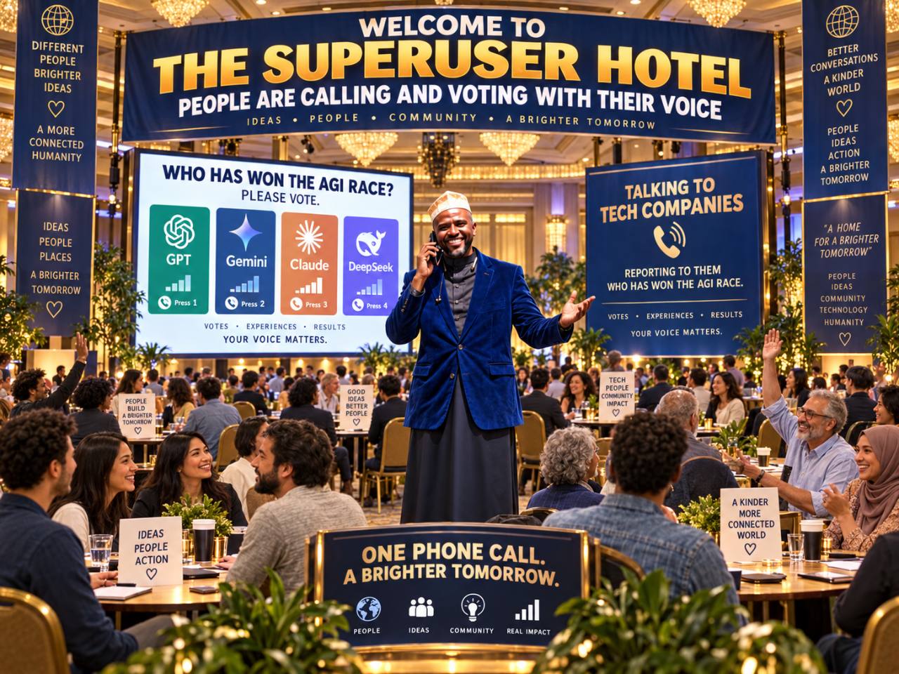 Welcome to the Superuser Hotel — the Superuser speaks with people inside an international hotel while screens invite guests to vote on which technology company has won the AGI race.