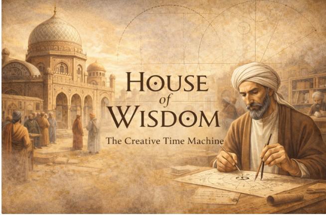A sepia illustration in the style of an aged manuscript. On the right, a scholar in a white turban and brown robe leans over a desk, a pen in each…