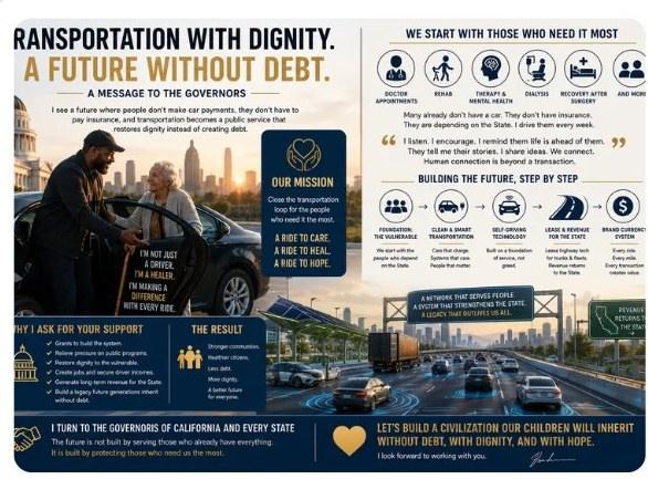 A wide poster headed "Transportation with Dignity. A Future Without Debt.", subtitled a message to the governors. On the left, a photograph of a…