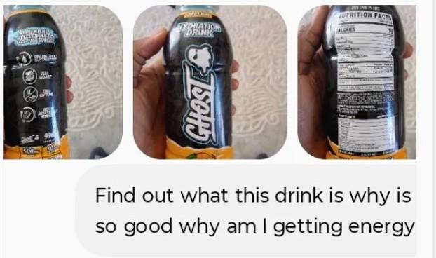 Three phone photos of a hand holding a Ghost hydration drink bottle — the front label, the ingredients panel, and the nutrition facts — above a text…