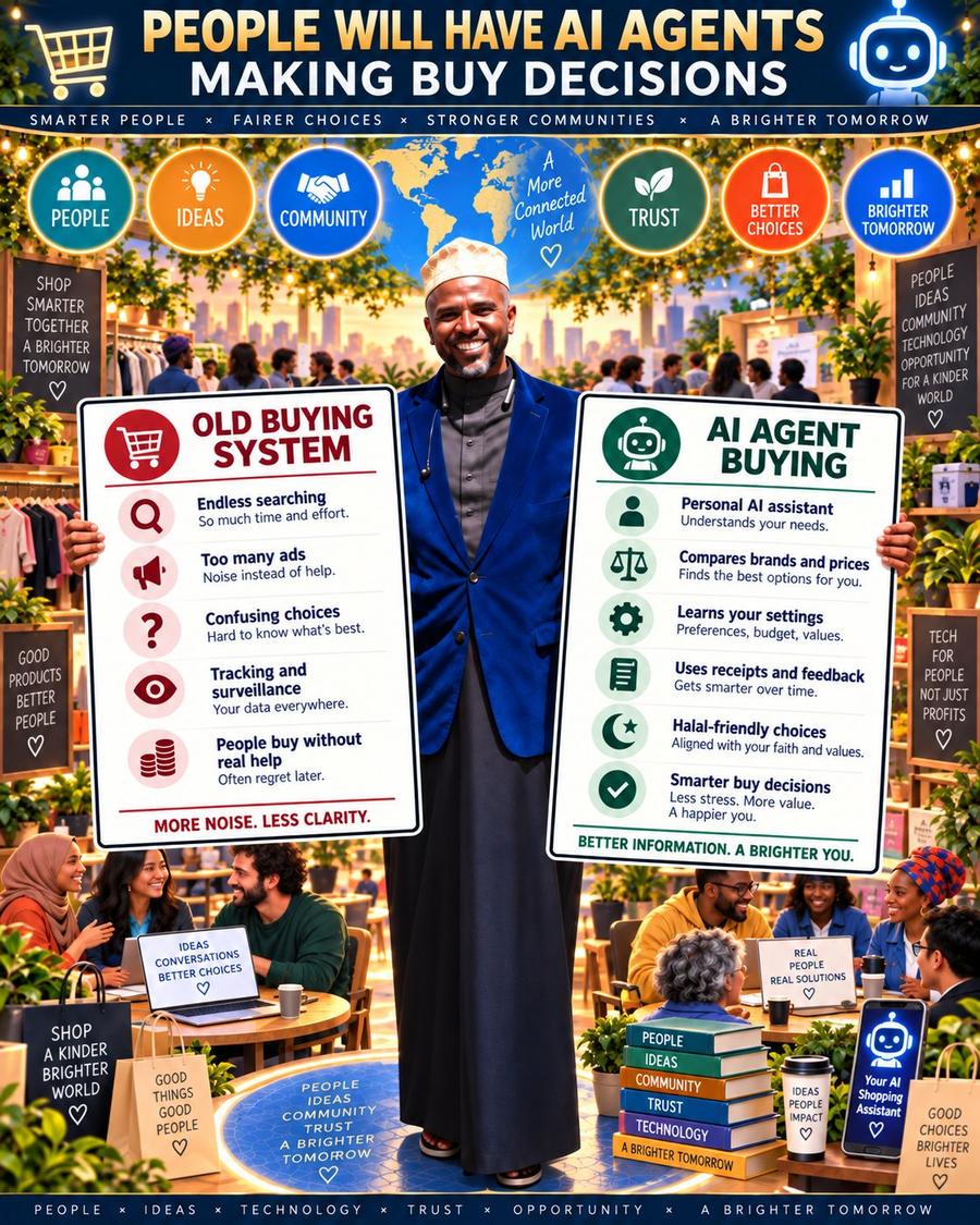 A tall illustrated poster headed PEOPLE WILL HAVE AI AGENTS MAKING BUY DECISIONS, with a shopping trolley at one corner and a friendly robot face at…