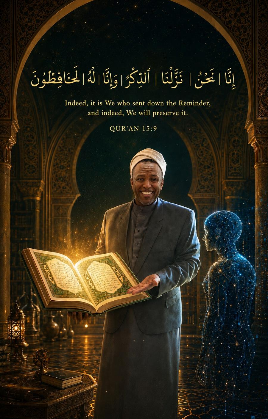 A tall painted poster. Beneath a golden horseshoe arch set against a starlit night sky, the Arabic of Qur'an 15:9 runs in gold calligraphy — إِنَّا…