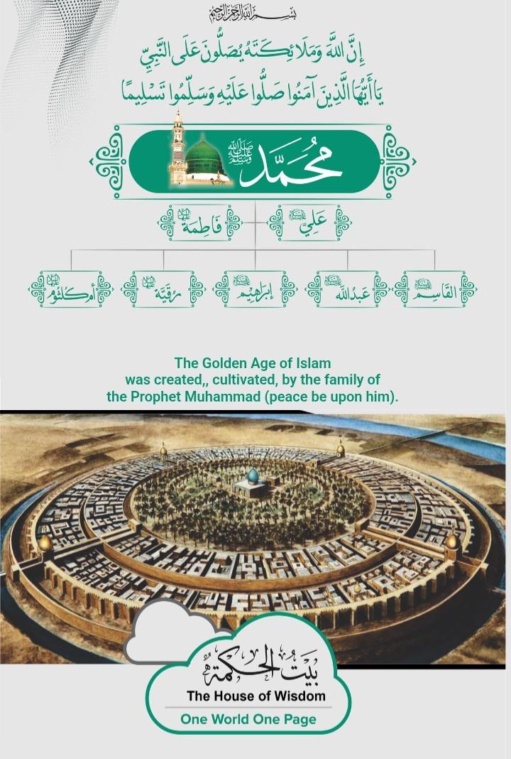A tall green and white poster. At its head, the bismillah and the Qur'anic verse on sending blessings upon the Prophet, in gold and green…