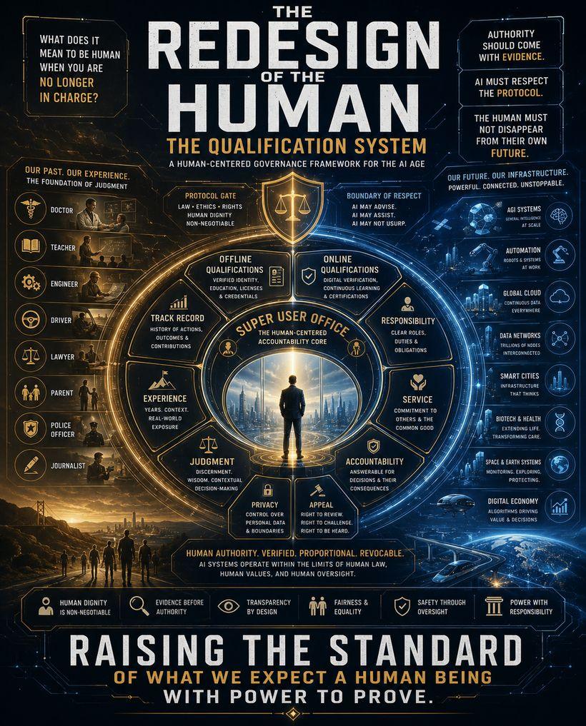 A tall poster headed THE REDESIGN OF THE HUMAN — THE QUALIFICATION SYSTEM, a human-centered governance framework for the AI age, asking in the…