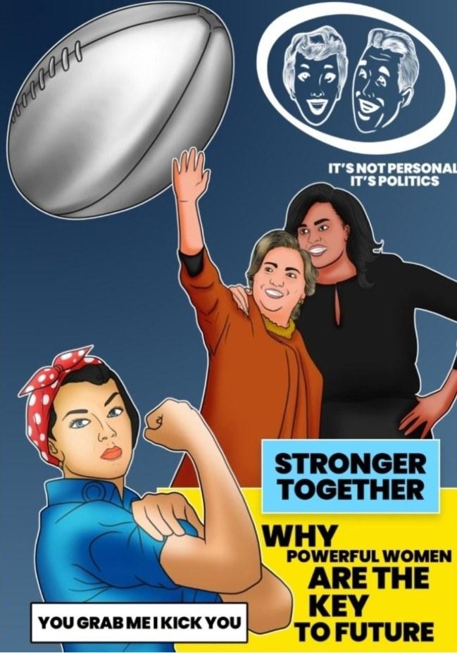 A comic book cover. Caricatures of Hillary Clinton and Michelle Obama stand together, one reaching up toward an oversized silver football. Above…