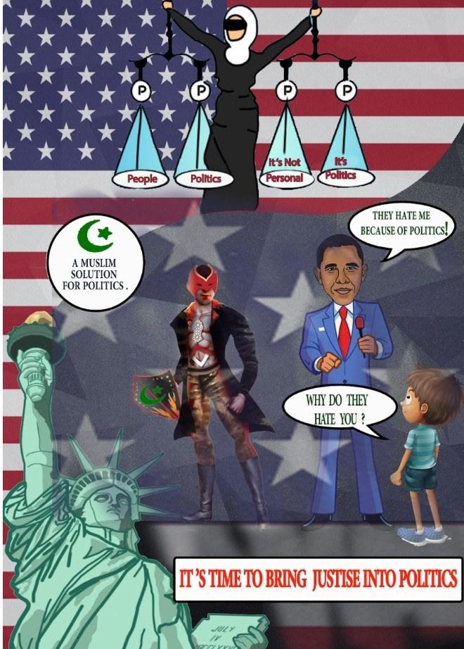 A comic book cover. Against an American flag, a figure in black holds a set of scales whose pans read People, Politics, It's Not Personal, and It's…