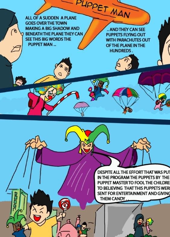 A comic page. An orange plane marked PUPPET MAN flies over a town casting a shadow, and children below watch hundreds of puppets parachuting out of…