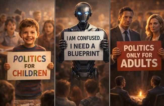 Three panels. A boy in a crowd of children holds a sign reading POLITICS FOR CHILDREN. A robot holds one reading I AM CONFUSED. I NEED A BLUEPRINT. A…