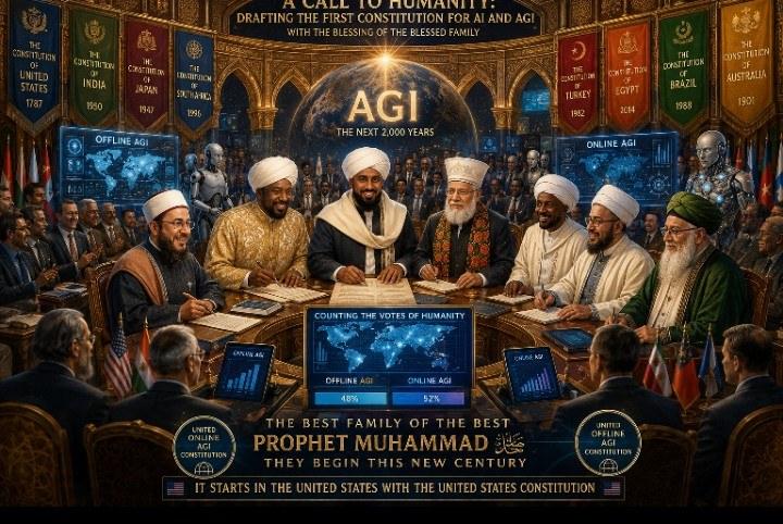 An ornate hall where men in Islamic religious dress sit around a table signing documents. Behind them hang banners for the constitutions of the…