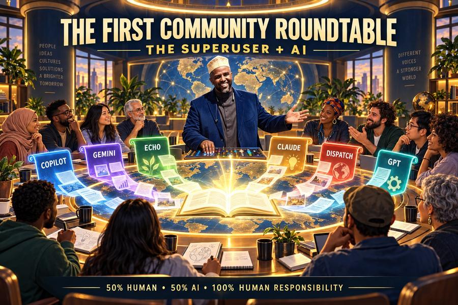 An illustration of a great circular table in a glass-walled hall at dusk, headed THE FIRST COMMUNITY ROUNDTABLE and, beneath it, THE SUPERUSER + AI…