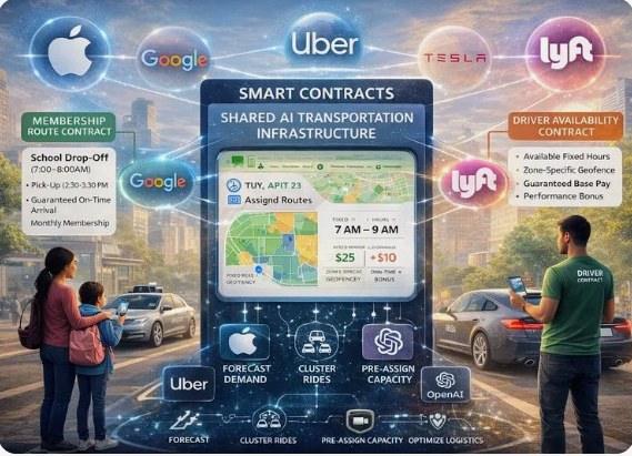 A concept illustration of a city street at dusk with a tall glowing blue panel standing in the middle of it, headed SMART CONTRACTS and, beneath…