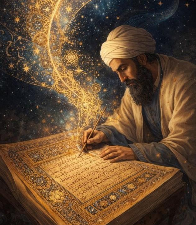 A painting of a bearded scholar in a cream turban and robe, bent close over an enormous open Qur'an. He holds a reed pen to the page in his right…