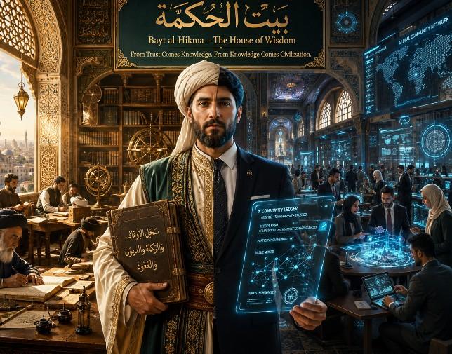 A wide illustration of a modern House of Wisdom. Across the top, a green and gold banner carries the Arabic بيت الحكمة with the words Bayt al-Hikma …