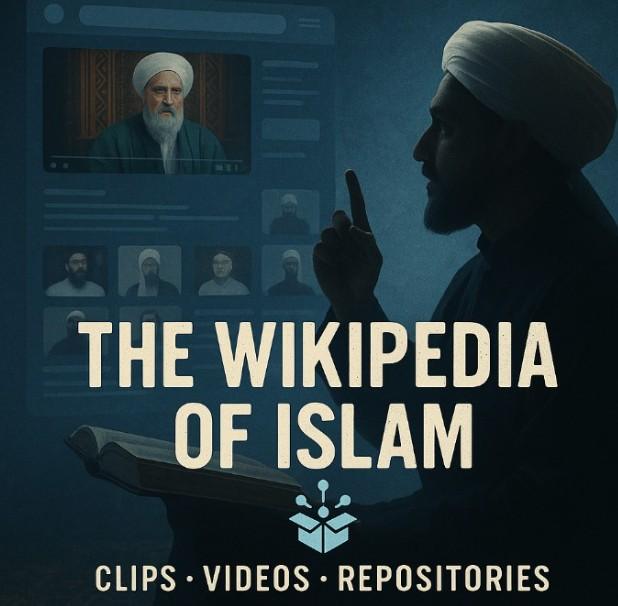 A dark blue-toned poster. On the right, in silhouette against the light, a man in a white turban and robe holds an open book in one hand and raises…
