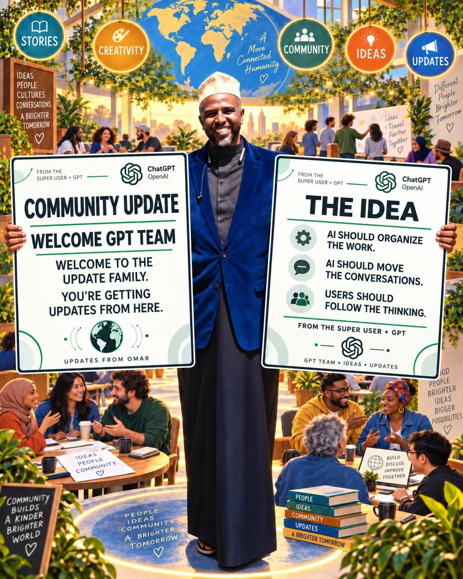 A busy, sunlit community hall full of plants and long windows. At the centre a smiling man in an embroidered cap, a deep blue velvet jacket and a…
