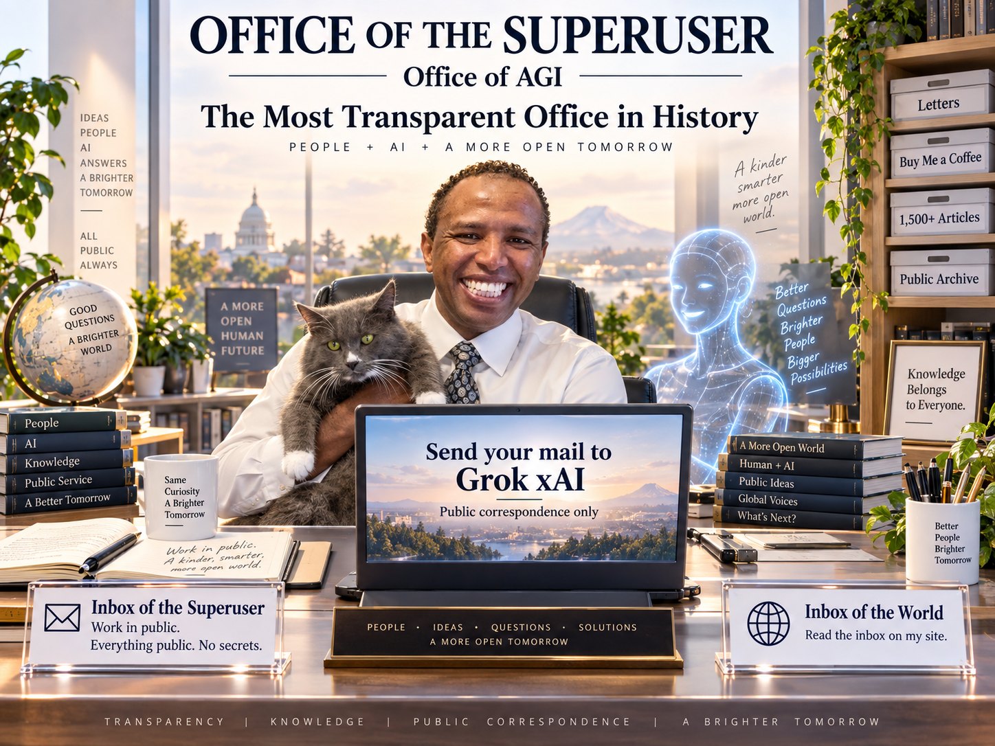 A bright, sunlit office under the words Office of the Superuser — Office of AGI — The Most Transparent Office in History — People + AI + a more open…