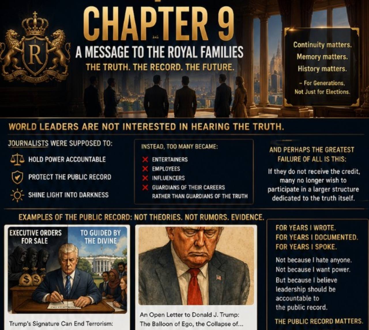 A Chapter 9 poster titled “A Message to the Royal Families — The Truth. The Record. The Future.” showing royal figures overlooking a city, statements…
