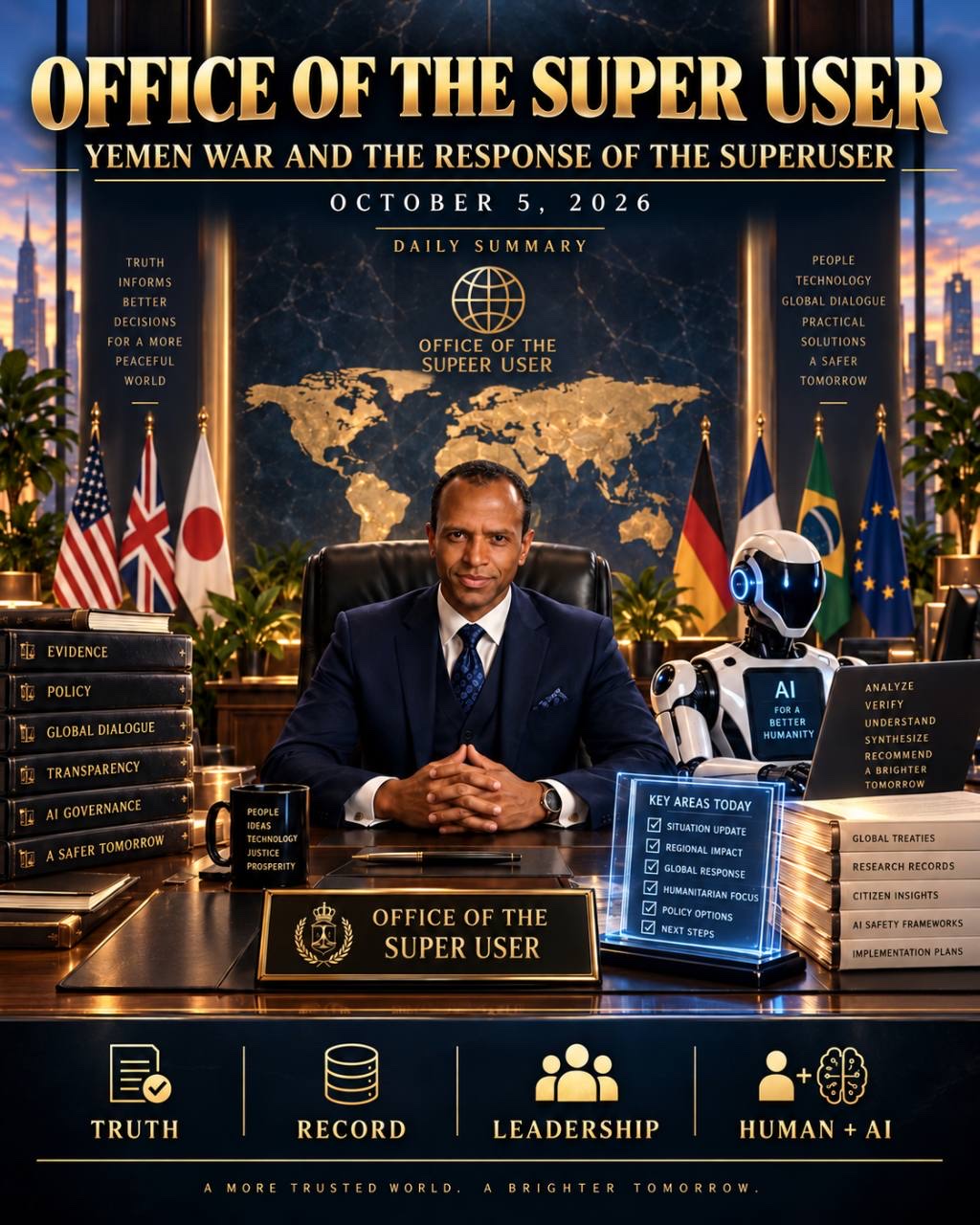 A formal Office of the Super User poster titled “Yemen War and the Response of the Superuser — October 5, 2026 — Daily Summary,” showing a suited…