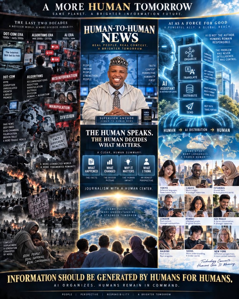 A three-panel Human-to-Human News illustration showing divided algorithmic media, a human anchor, and AI distributing human-directed news worldwide…