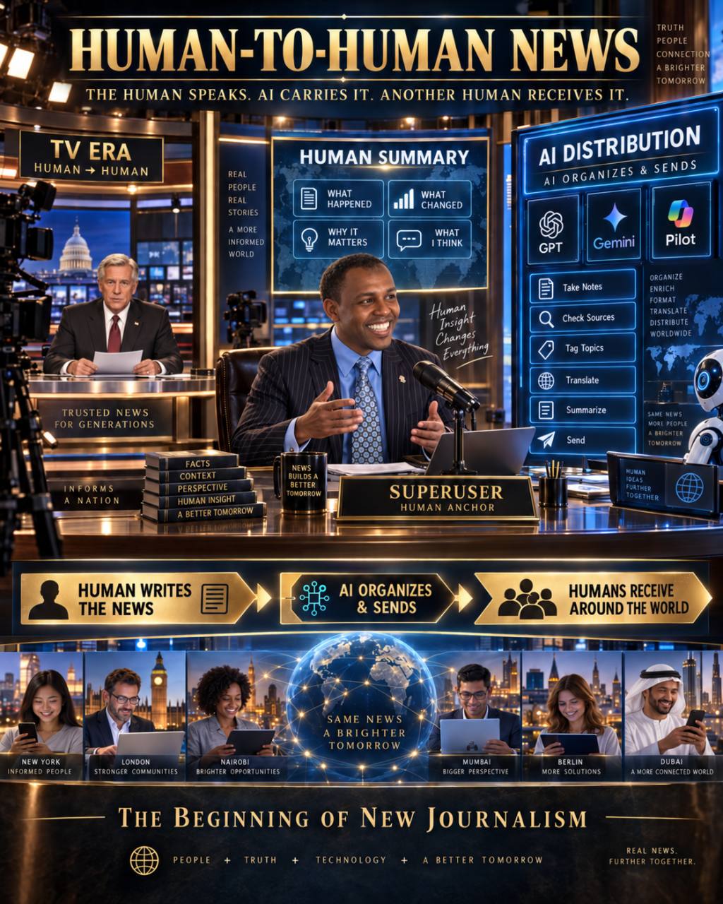 A poster titled “Starting Today — Human-to-Human News” showing a human news anchor at the center, a critique of algorithm-driven media on the left…