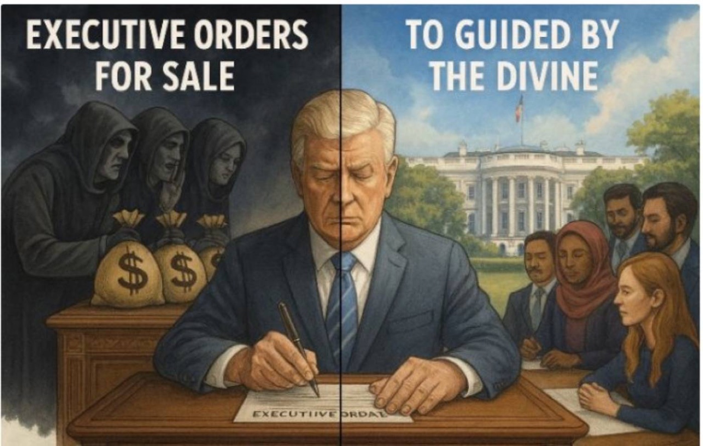 A split illustration titled “Executive Orders for Sale” and “To Guided by the Divine,” showing President Trump signing an executive order between…