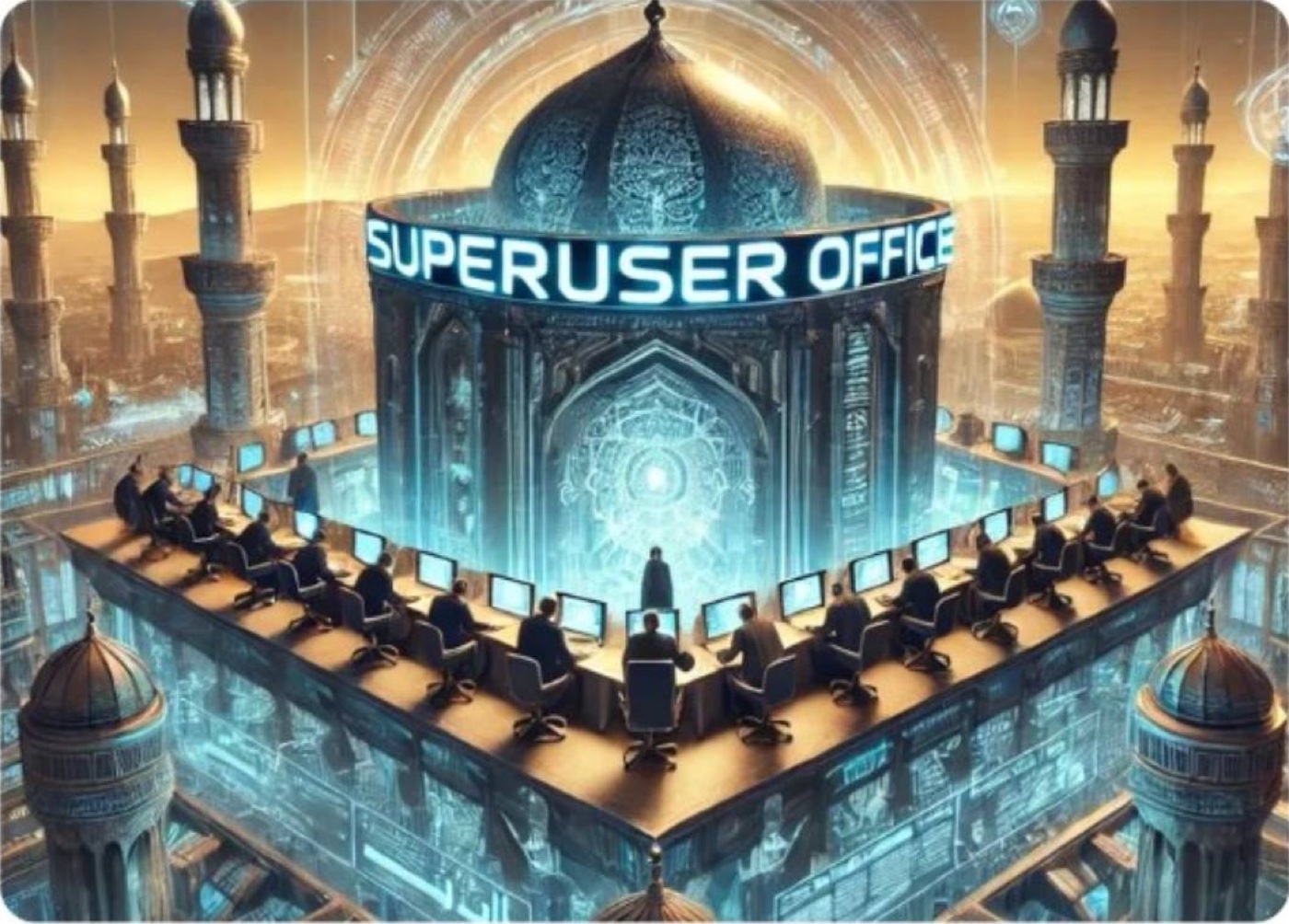 A futuristic Superuser Office built in the form of an illuminated mosque, with scholars and staff working at computer stations around a glowing…