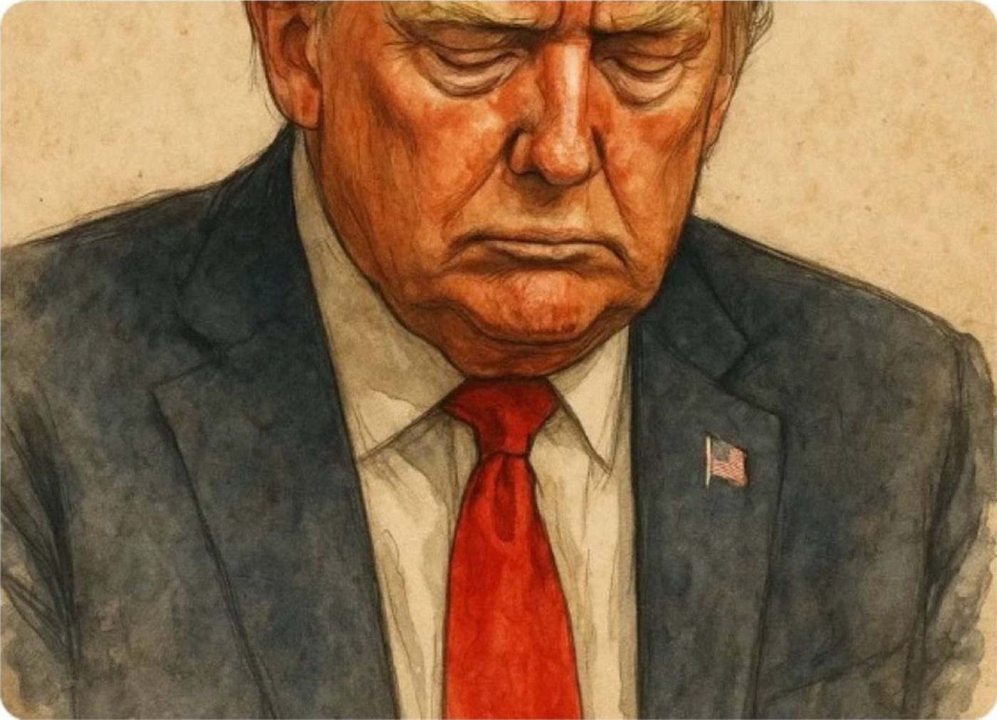 A watercolor-style portrait of Donald Trump looking downward in a dark suit, white shirt, and red tie, with a small United States flag pin on his…